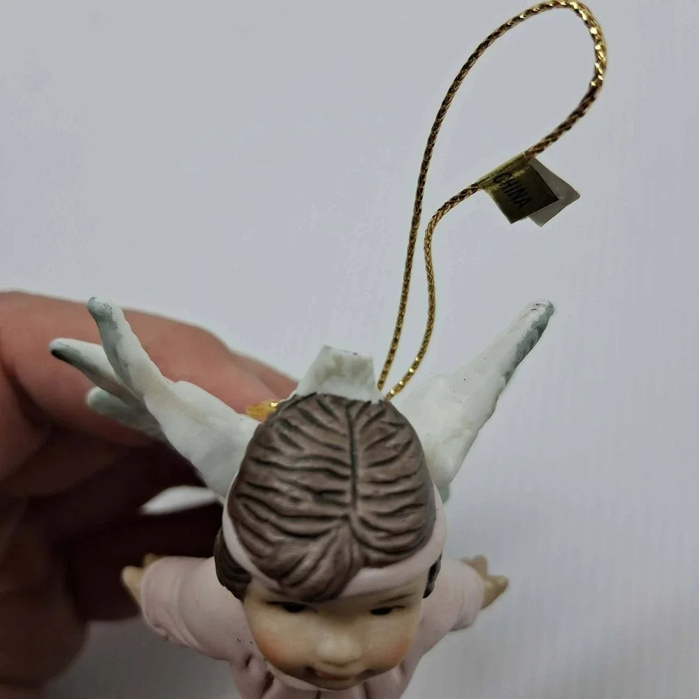 Vintage 1993 HOL Ceramic Angel‎ Christmas Ornament Pink Gown Cherub Kneeling 3
